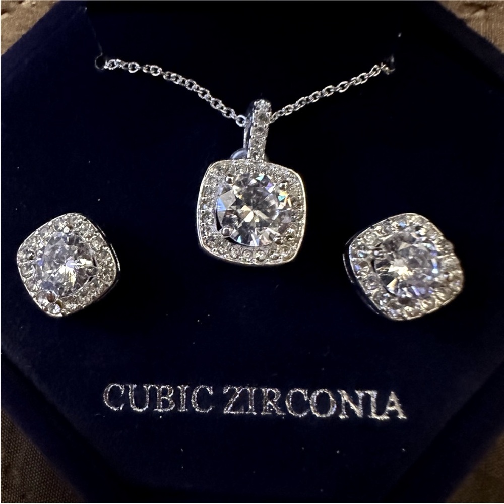 Macy's Fine Silver Plated Cubic Zirconia Necklace and Stud Earring Set NWOT